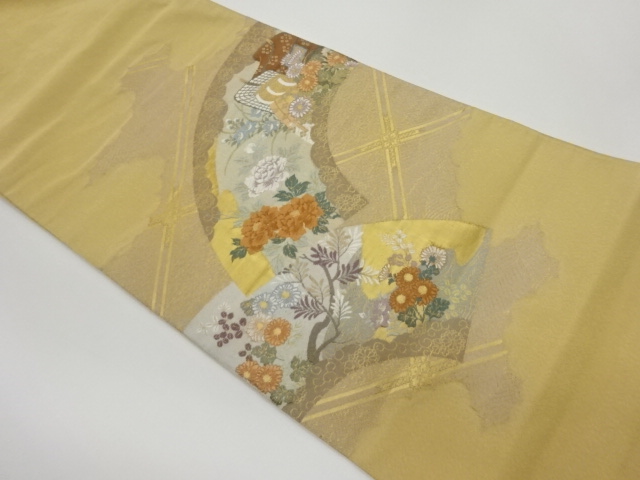 地紙に御所車・草花模様織出し袋帯